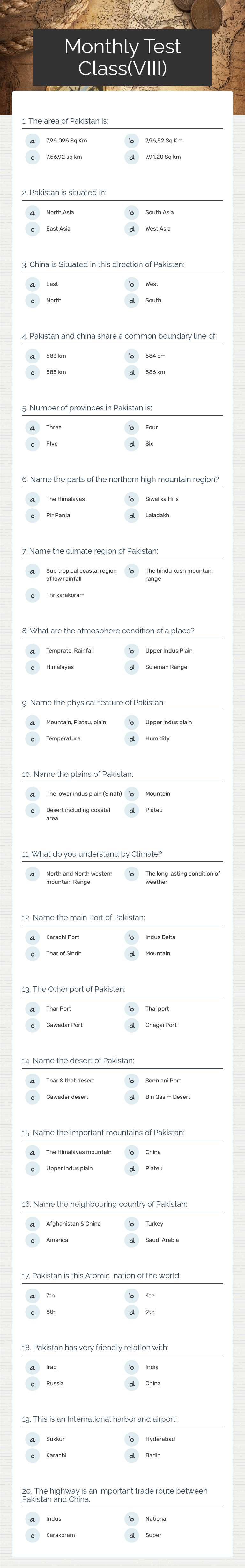 Monthly Test Class(VIII) worksheet preview image