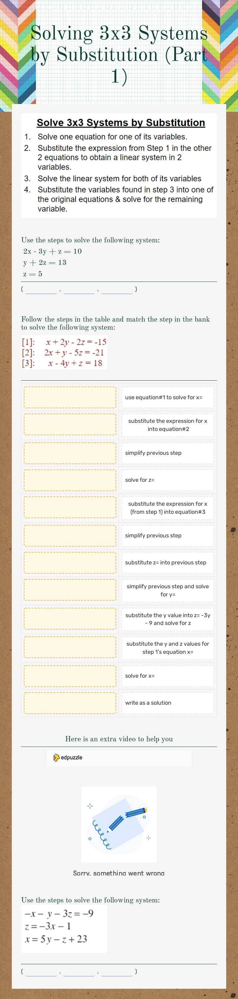 Solving 3x3 Systems 
by Substitution (Part 1) Grade 10 worksheet preview