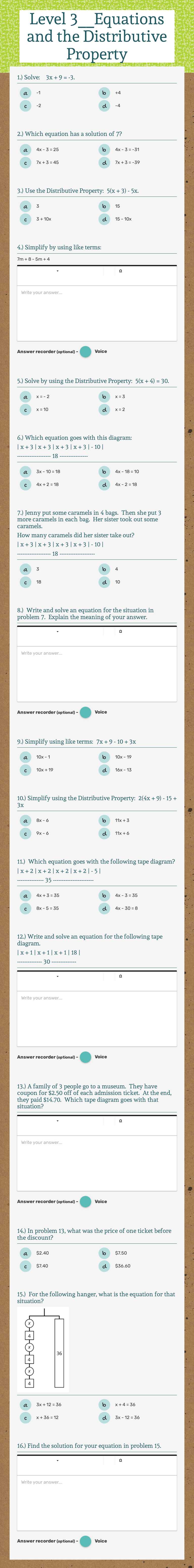 Level 3__Equations and the Distributive Property worksheet preview image