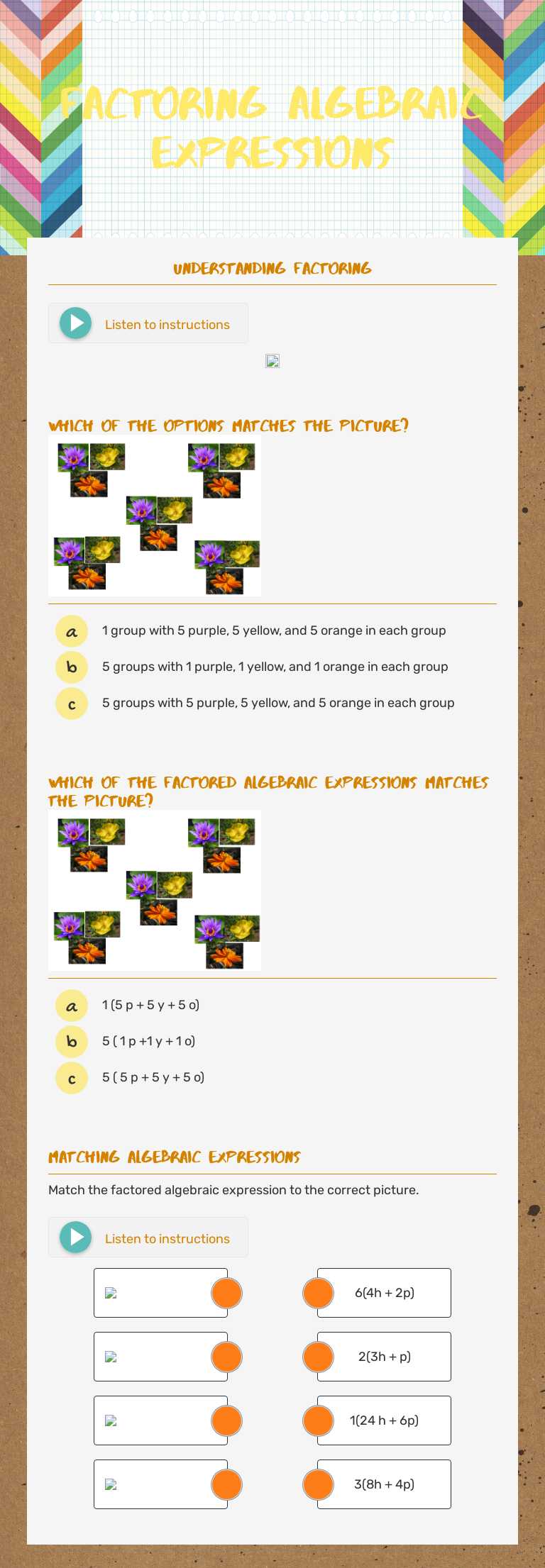 Factoring Algebraic Expressions Grade 6 worksheet preview