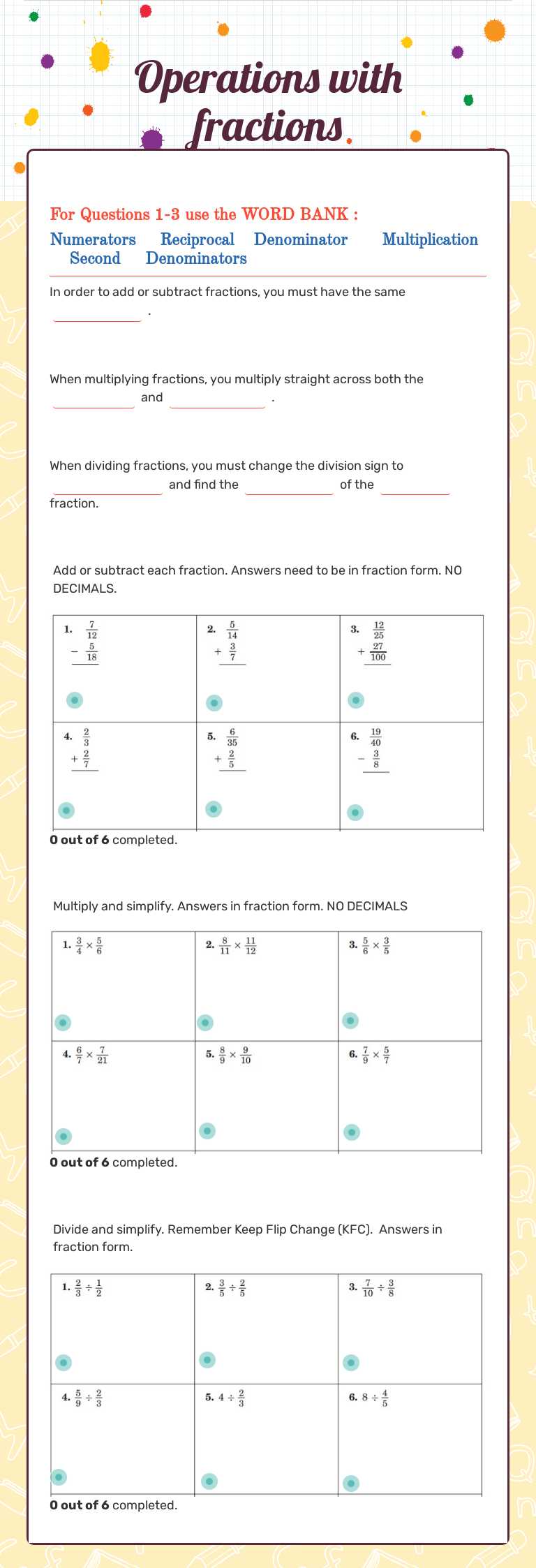 Operations with fractions worksheet preview image