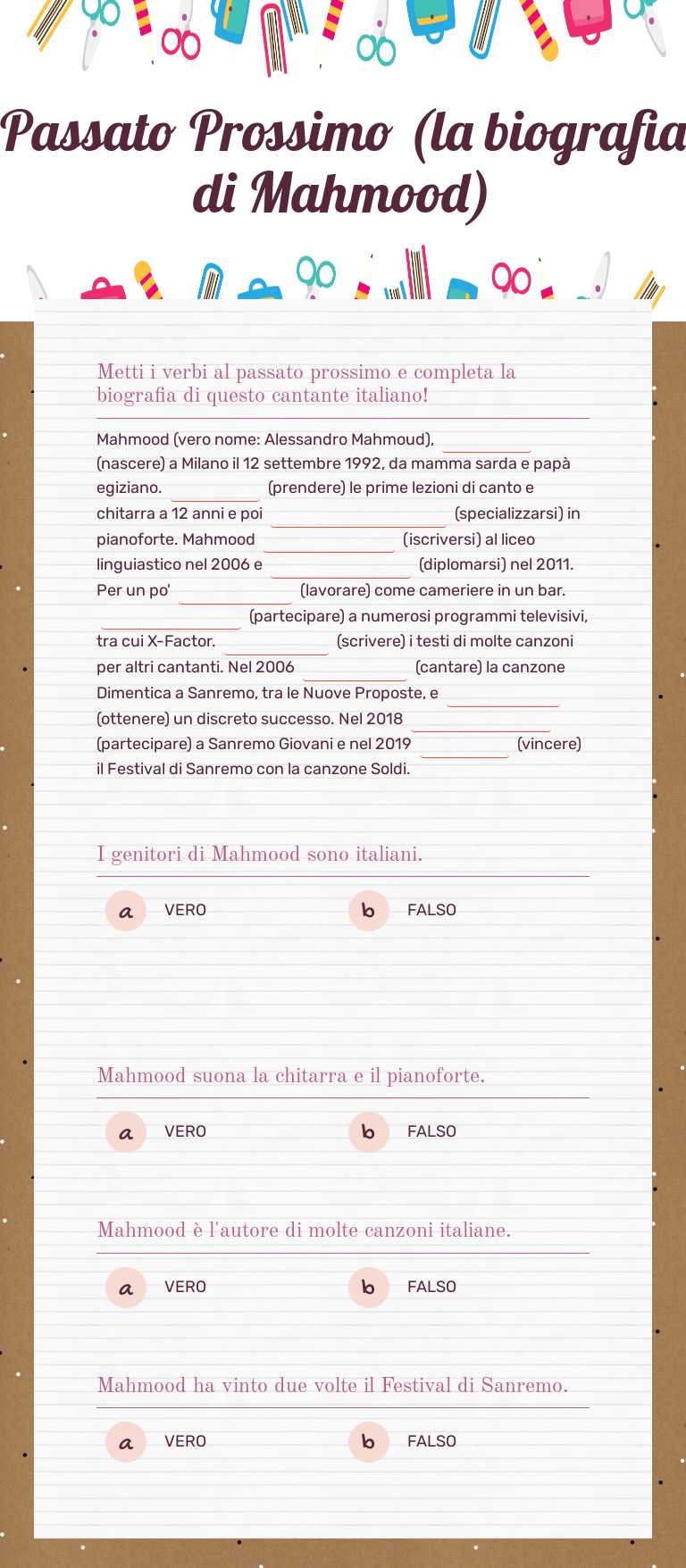 Passato Prossimo 
(la biografia di Mahmood) worksheet preview image