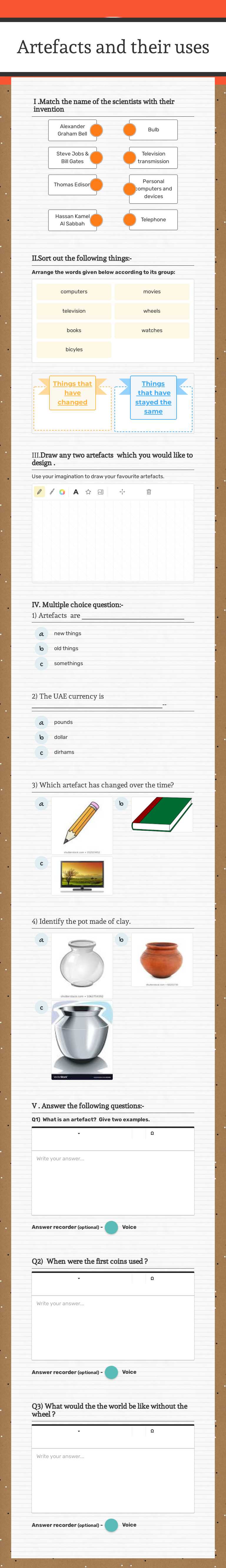 Artefacts and their uses worksheet preview image