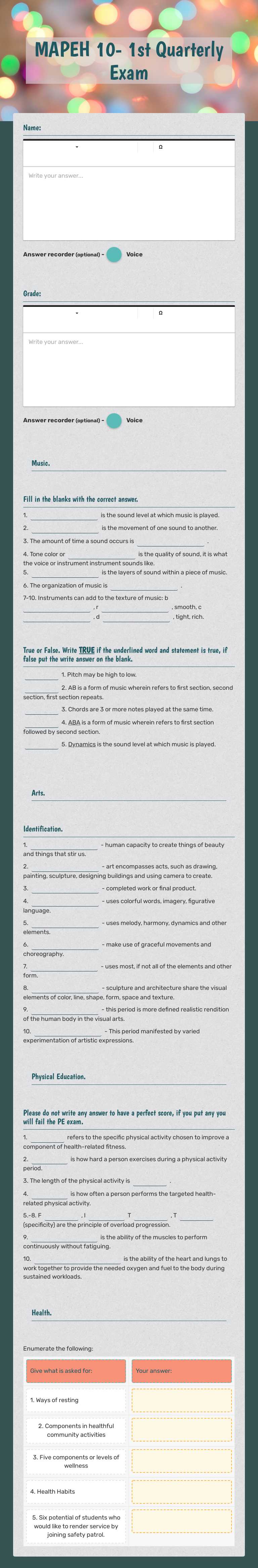 MAPEH 10- 1st Quarterly Exam Grade 10 worksheet preview