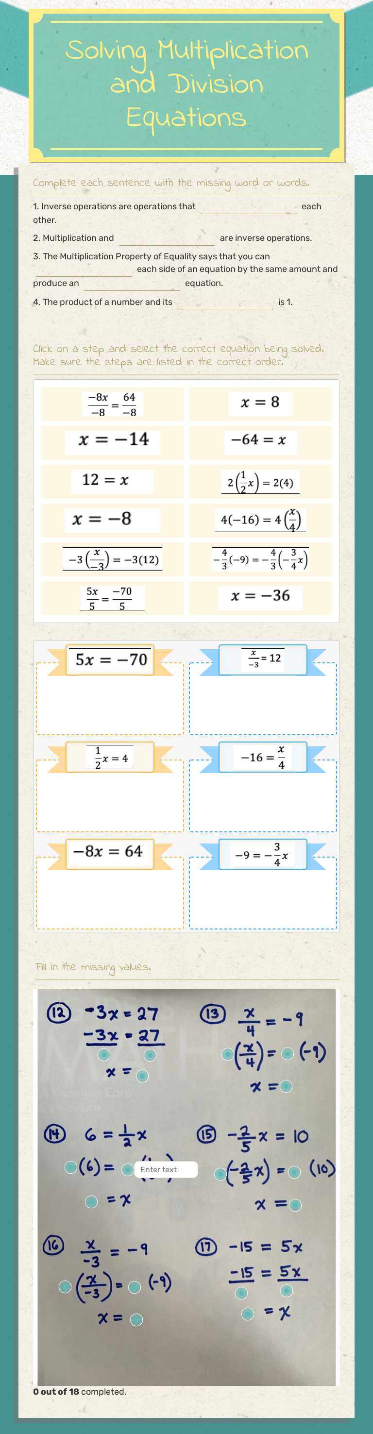 Solving Multiplication and Division Equations worksheet preview image