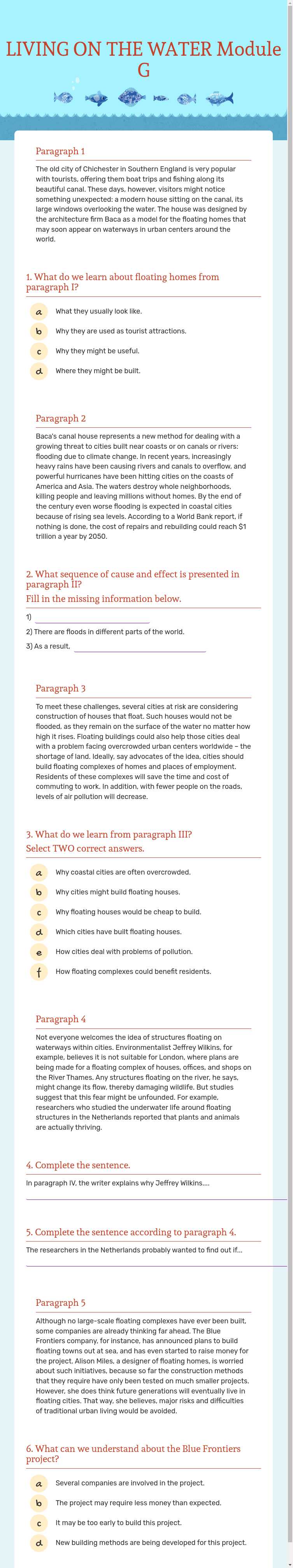 LIVING ON THE WATER Module G worksheet preview image