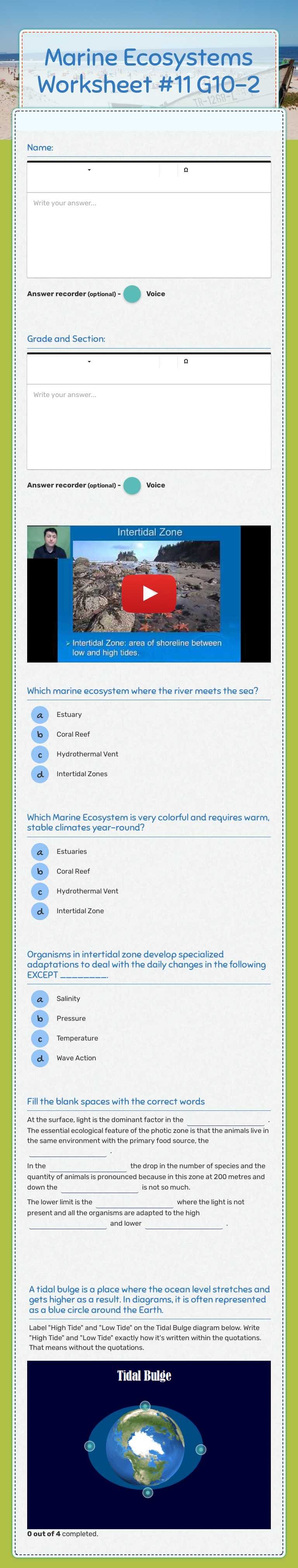 Marine Ecosystems Worksheet #11 G10-2 Grade 10 worksheet preview