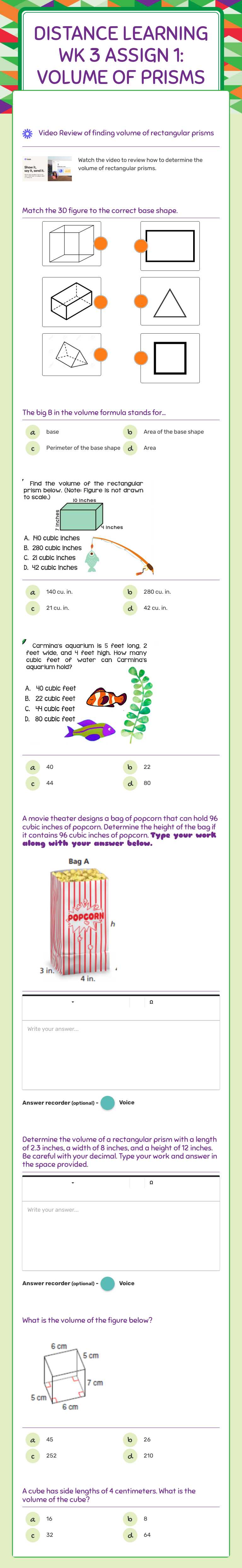 Distance Learning Wk 3 Assign 1: Volume oF Prisms worksheet preview image