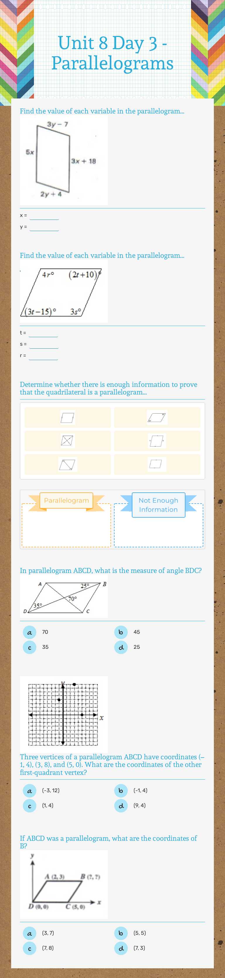 Unit 8 Day 3 - Parallelograms Grade 9 worksheet preview
