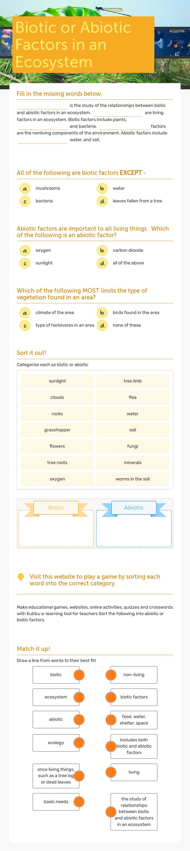 Biotic or Abiotic Factors in an Ecosystem worksheet preview image