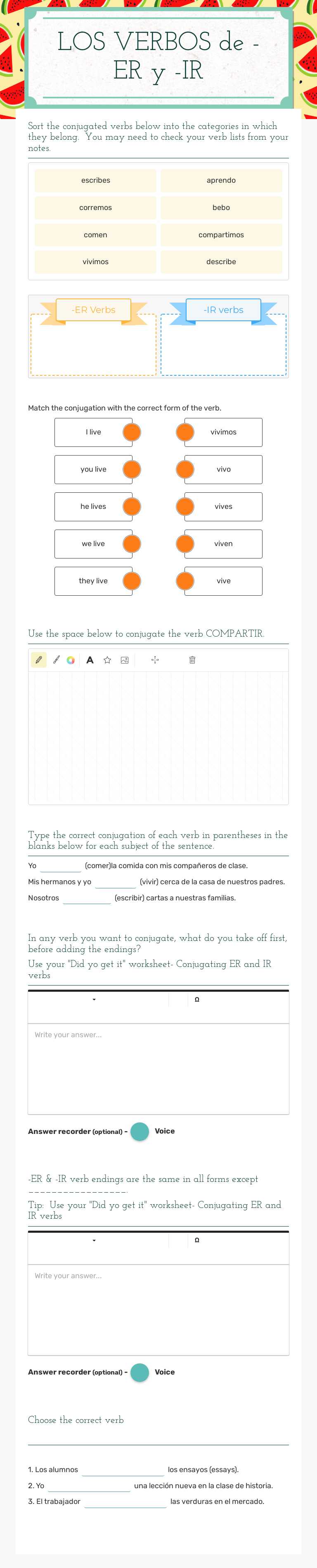LOS VERBOS de -ER y -IR worksheet preview image