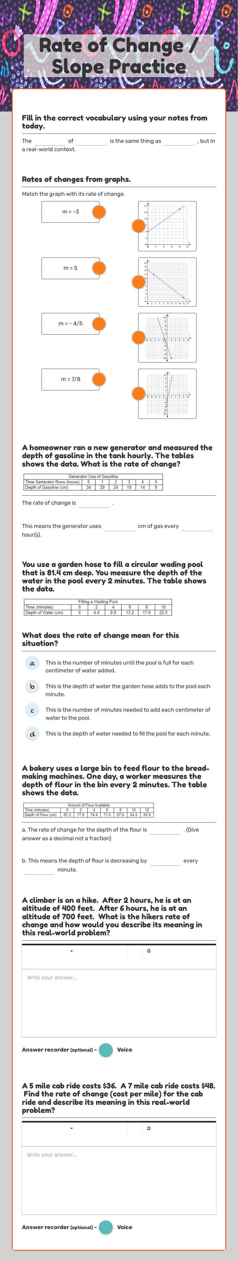 Rate of Change / Slope Practice Grade 8 worksheet preview