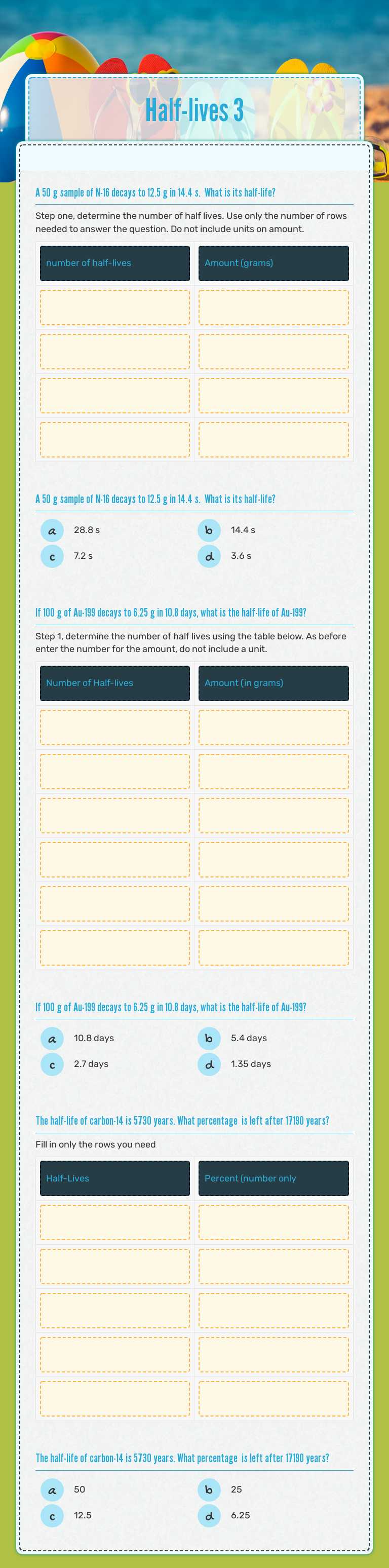 Half-lives 3 worksheet preview image