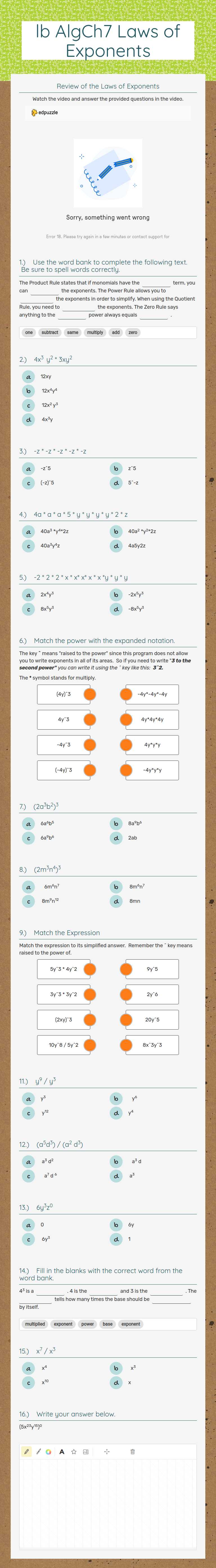 lb AlgCh7 Laws of Exponents Grade 12 worksheet preview