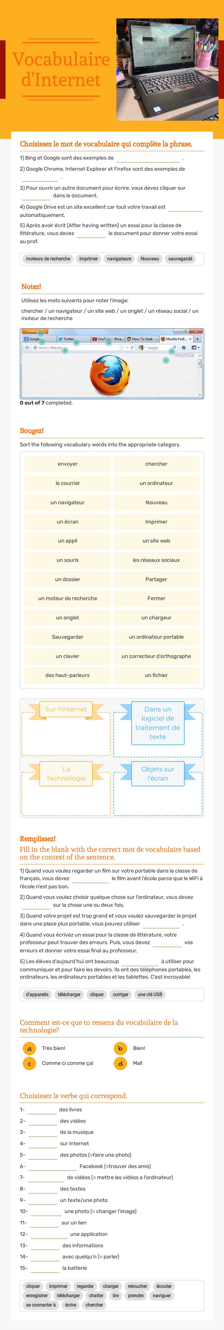 Vocabulaire d'Internet Grade 10 worksheet preview