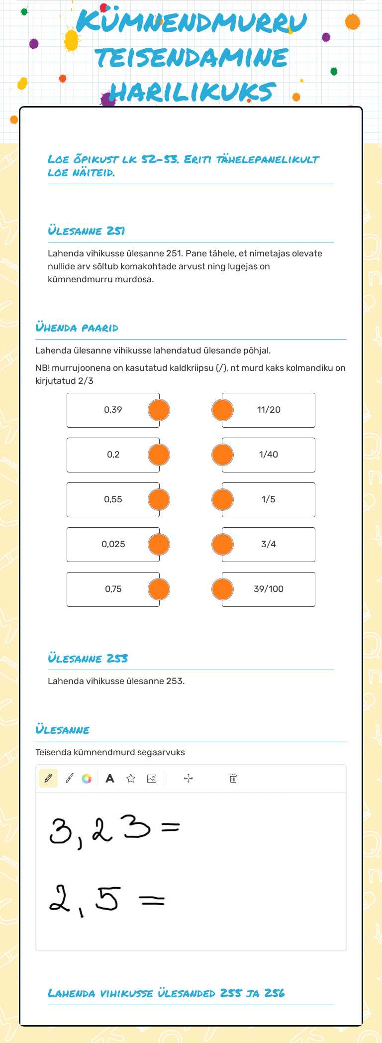 Kümnendmurru teisendamine harilikuks murruks worksheet preview image