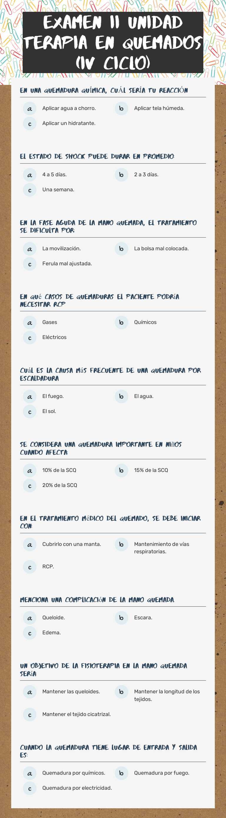 EXAMEN II UNIDAD TERAPIA EN QUEMADOS (IV CICLO) worksheet preview image