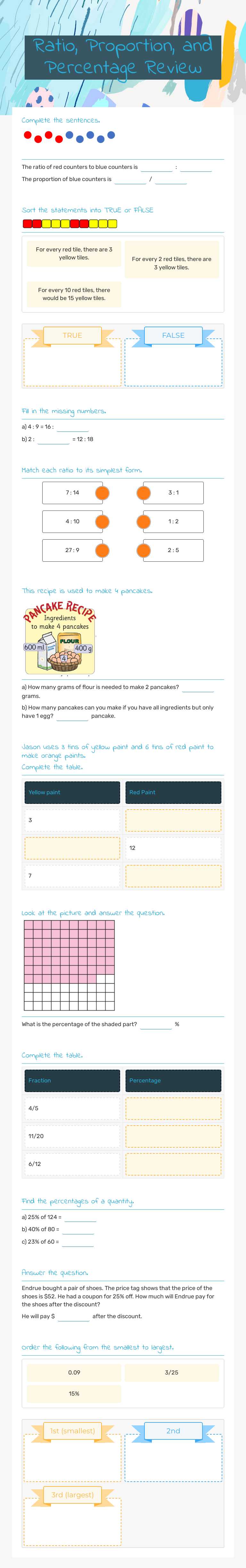 Ratio, Proportion, and Percentage Review worksheet preview image