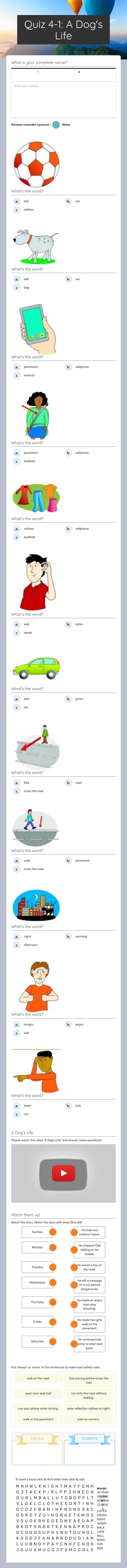Quiz 4-1: A Dog's Life worksheet preview image