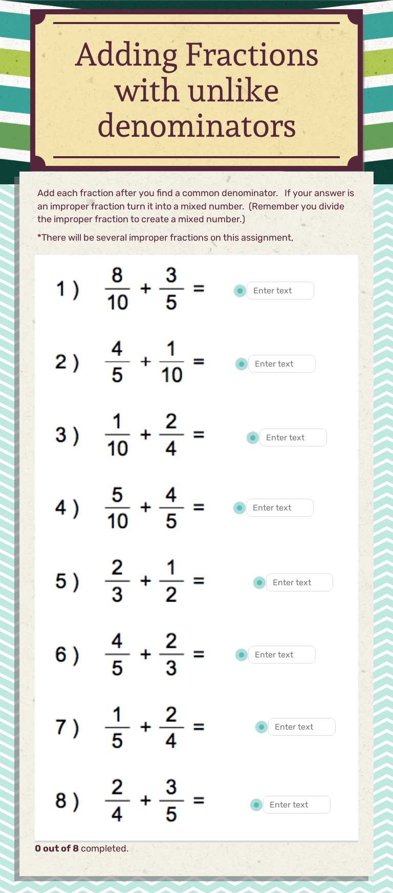 Adding Fractions with unlike denominators Grade 5 worksheet preview