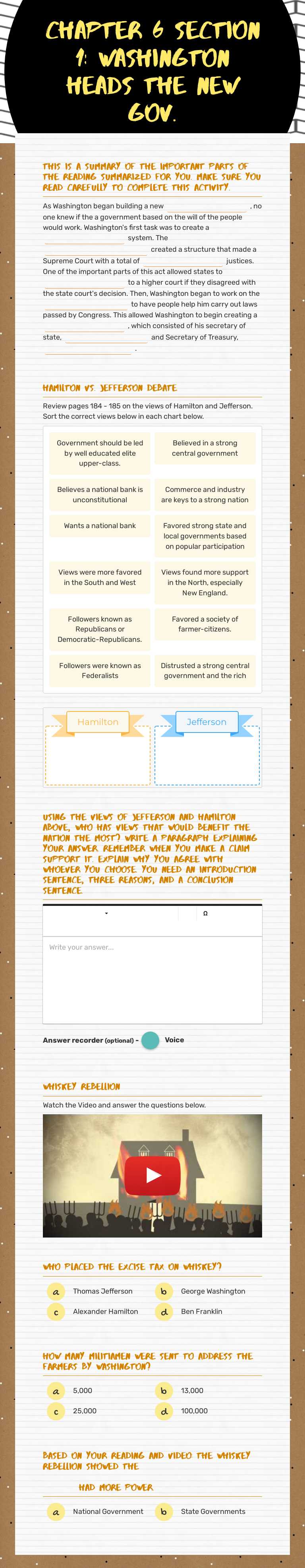 Chapter 6 Section 1: WashingTon Heads the new Gov. worksheet preview