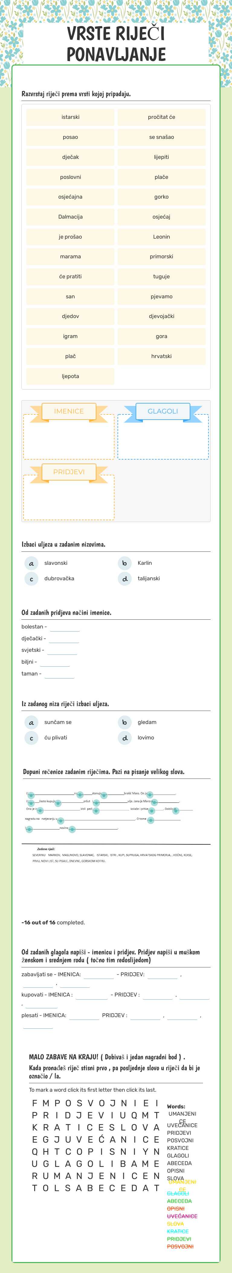 VRSTE RIJEČI PONAVLJANJE worksheet preview image