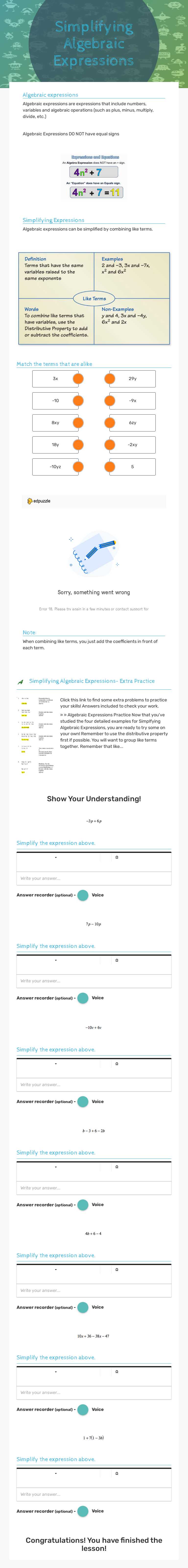 Simplifying Algebraic Expressions worksheet preview image