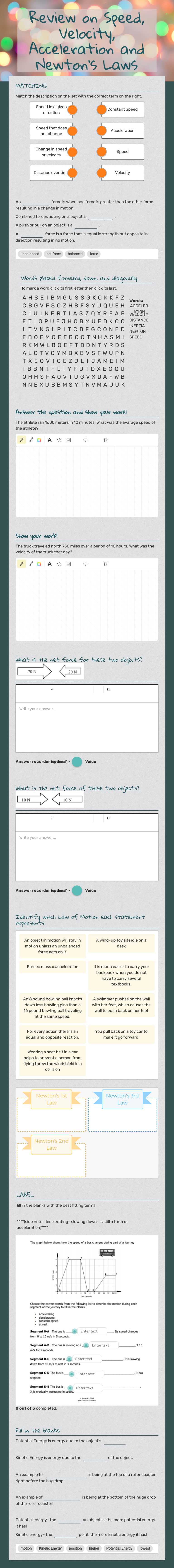 Review on Speed, Velocity, Acceleration and Newton's Laws worksheet preview image