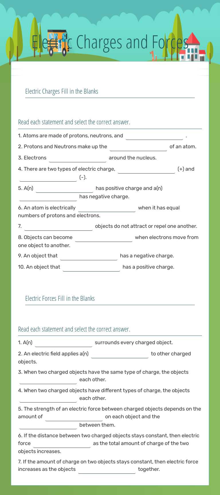 Electric Charges and Forces worksheet preview image