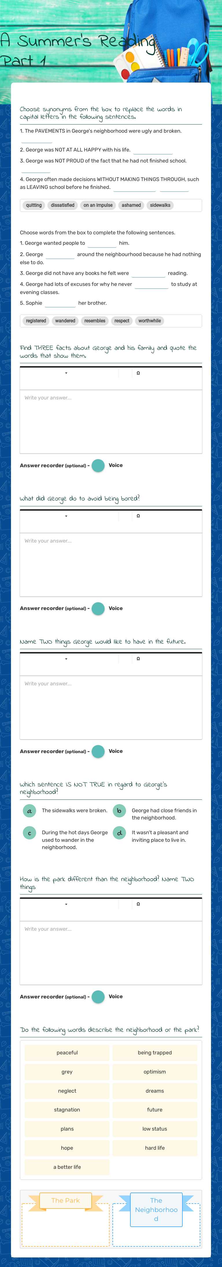 A Summer's Reading Part 1 worksheet preview image