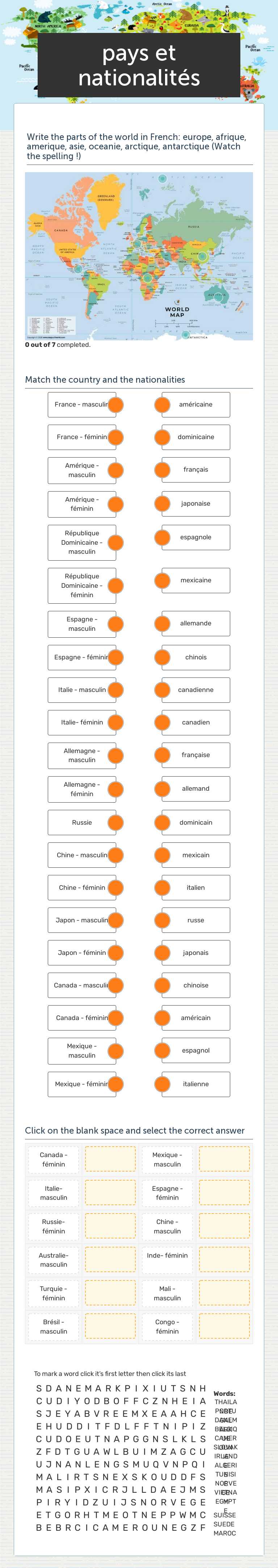pays et nationalités worksheet preview image