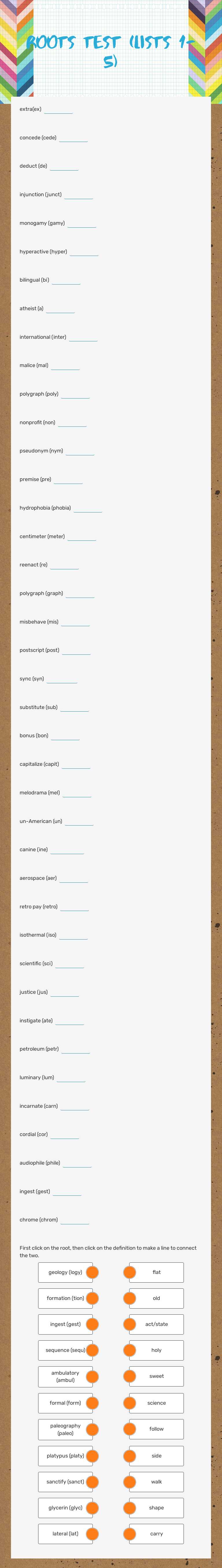 Roots Test (lists 1-5) worksheet preview image