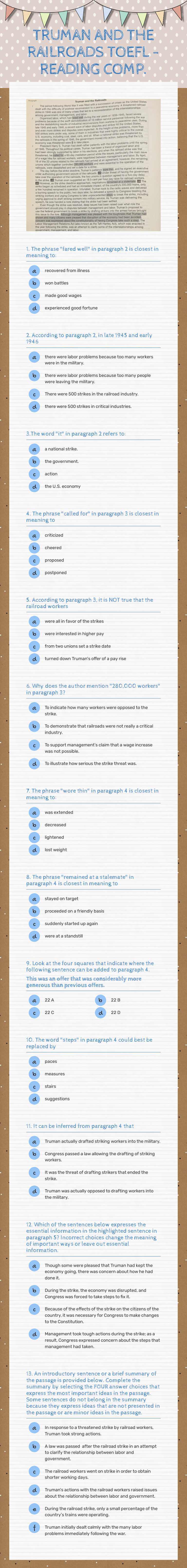 TRUMAN AND THE RAILROADS TOEFL - READING COMP. Other worksheet preview