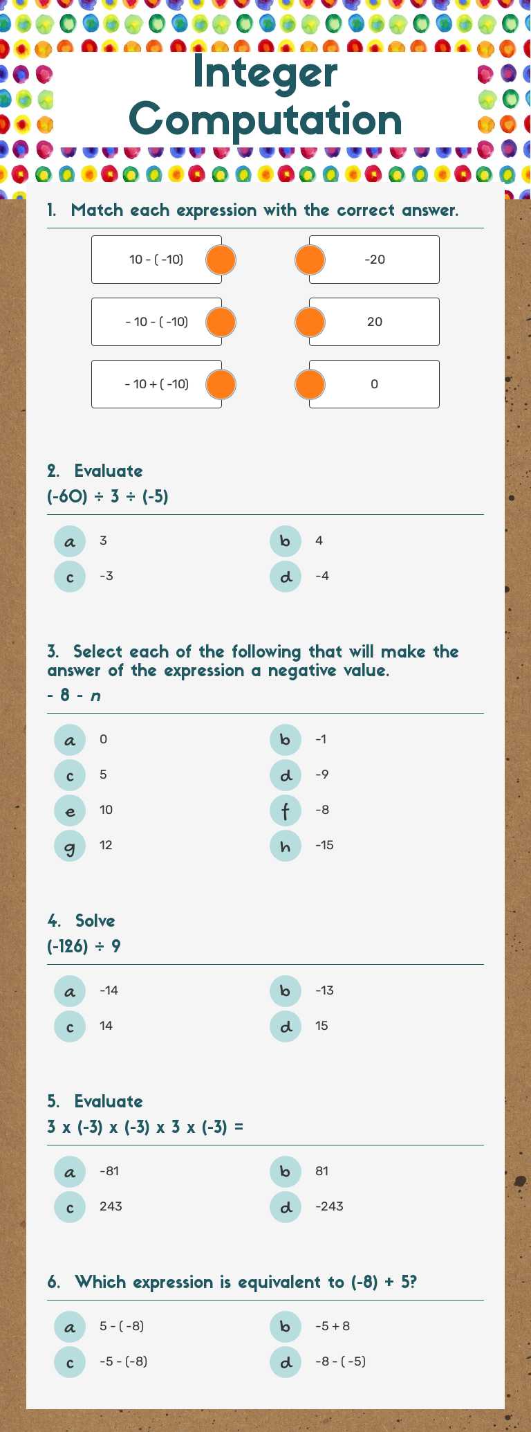 Integer Computation worksheet preview image