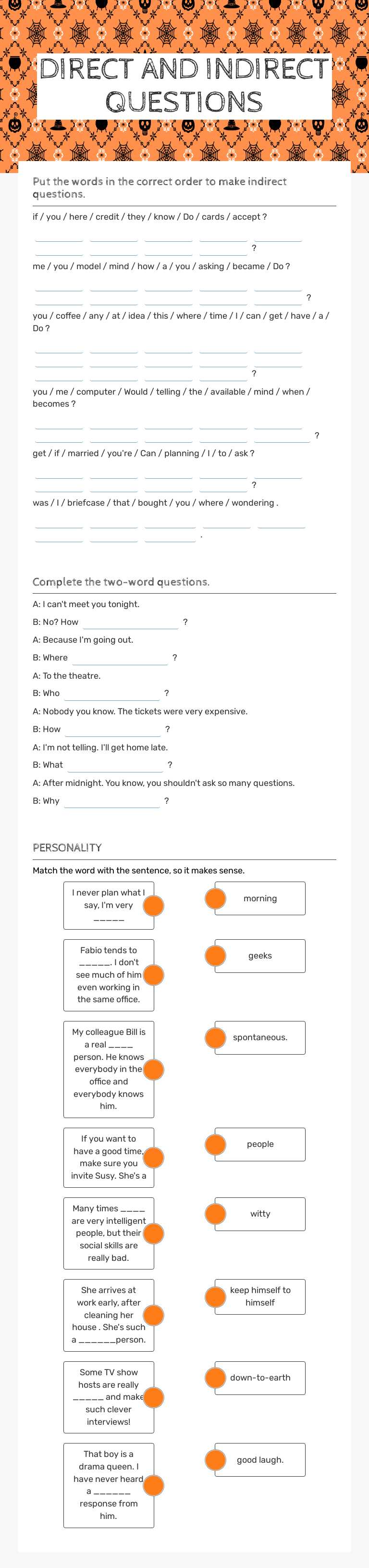 DIRECT AND     INDIRECT QUESTIONS worksheet preview image