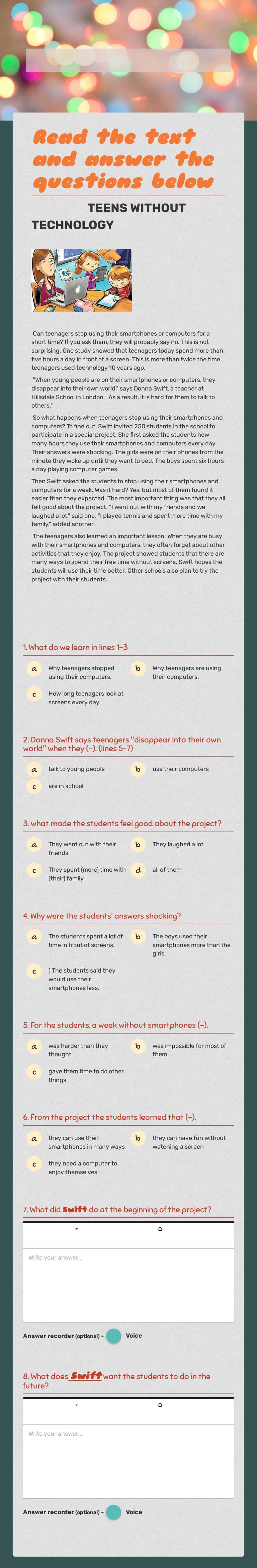 READING COMPREHENSION: Teens without technology Grade 6 worksheet preview