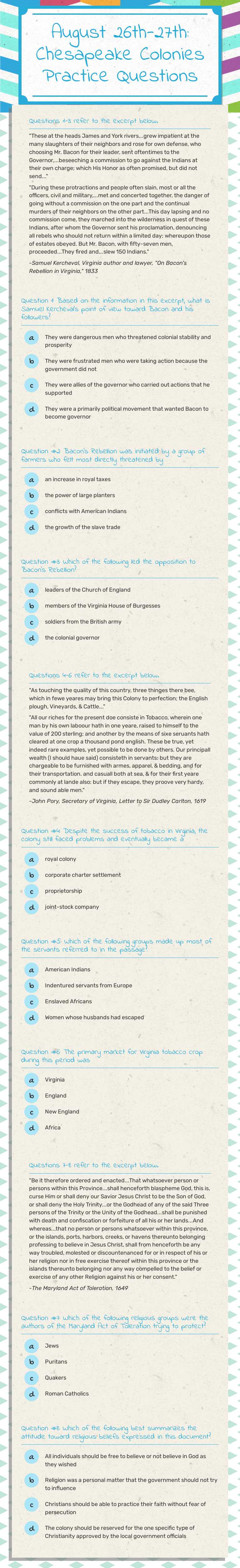 August 26th-27th: Chesapeake Colonies Practice Questions worksheet preview image