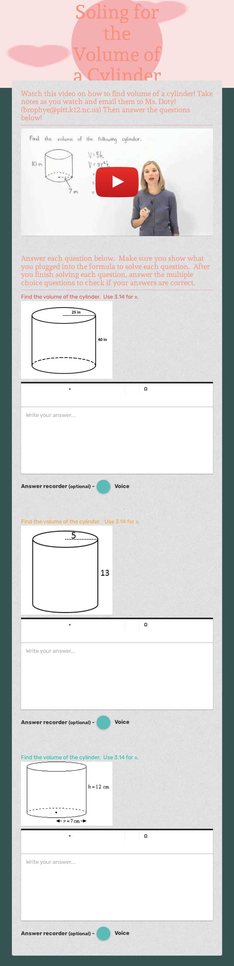 Soling for the Volume of a Cylinder Grade 6 worksheet preview
