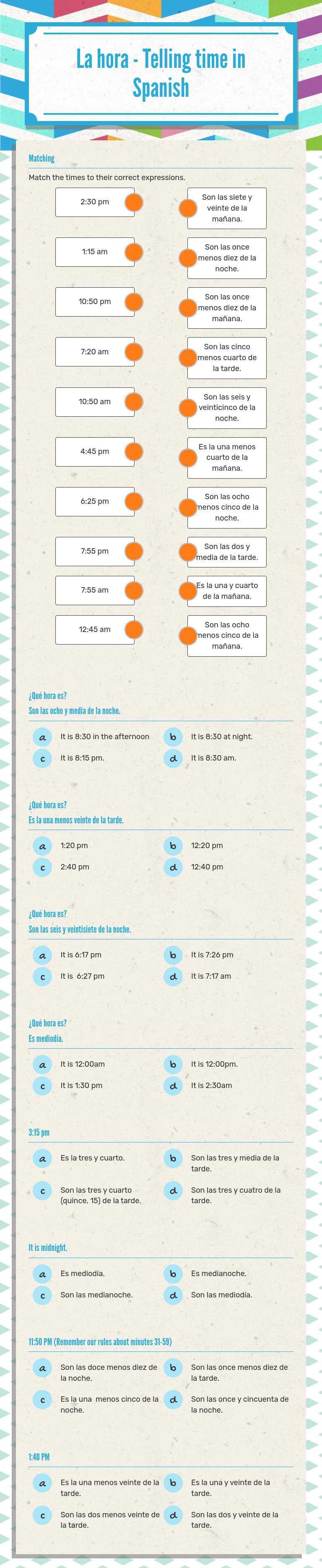 La hora - Telling time in Spanish worksheet preview image