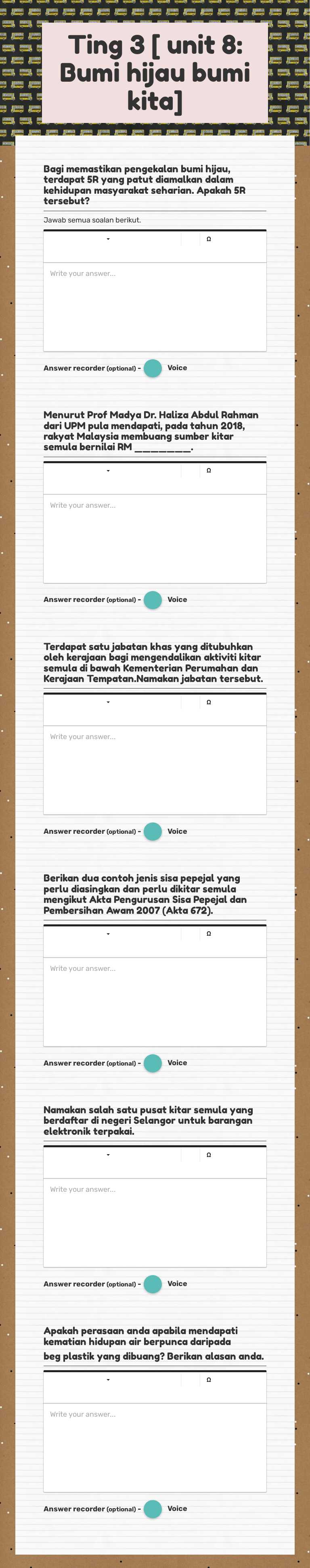 Ting 3 [ unit 8: Bumi hijau bumi kita] worksheet preview image