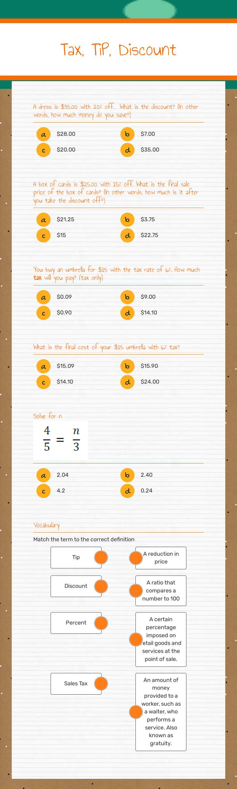 Tax, TiP, Discount Grade 7 worksheet preview