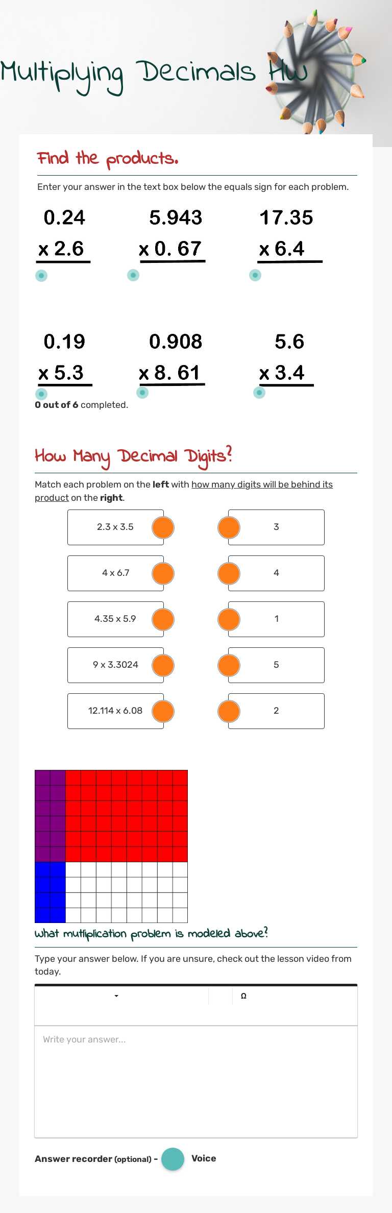Multiplying Decimals HW worksheet preview image