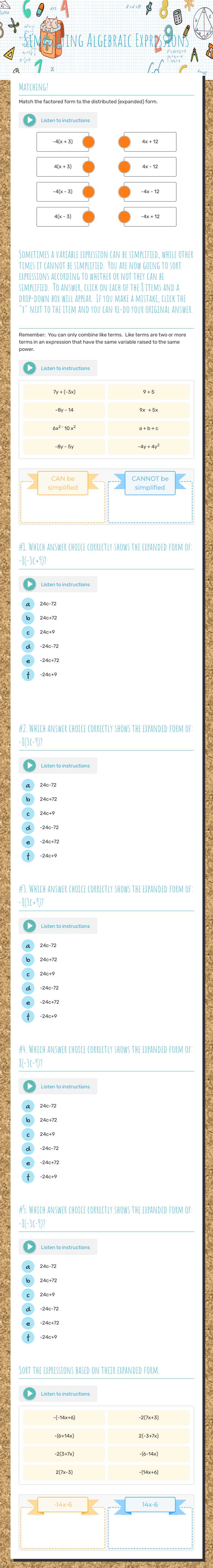Simplifying Algebraic Expressions worksheet preview image