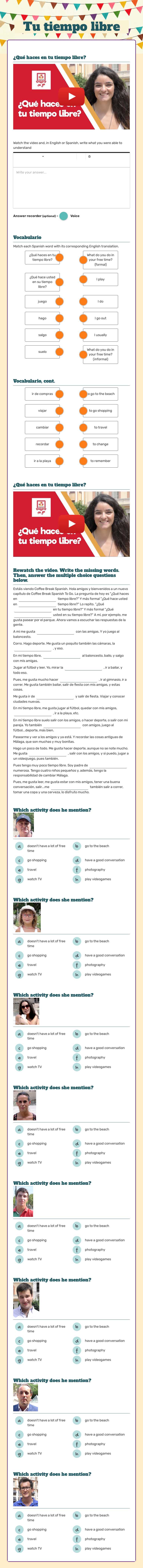 Tu tiempo libre Grade 9 worksheet preview