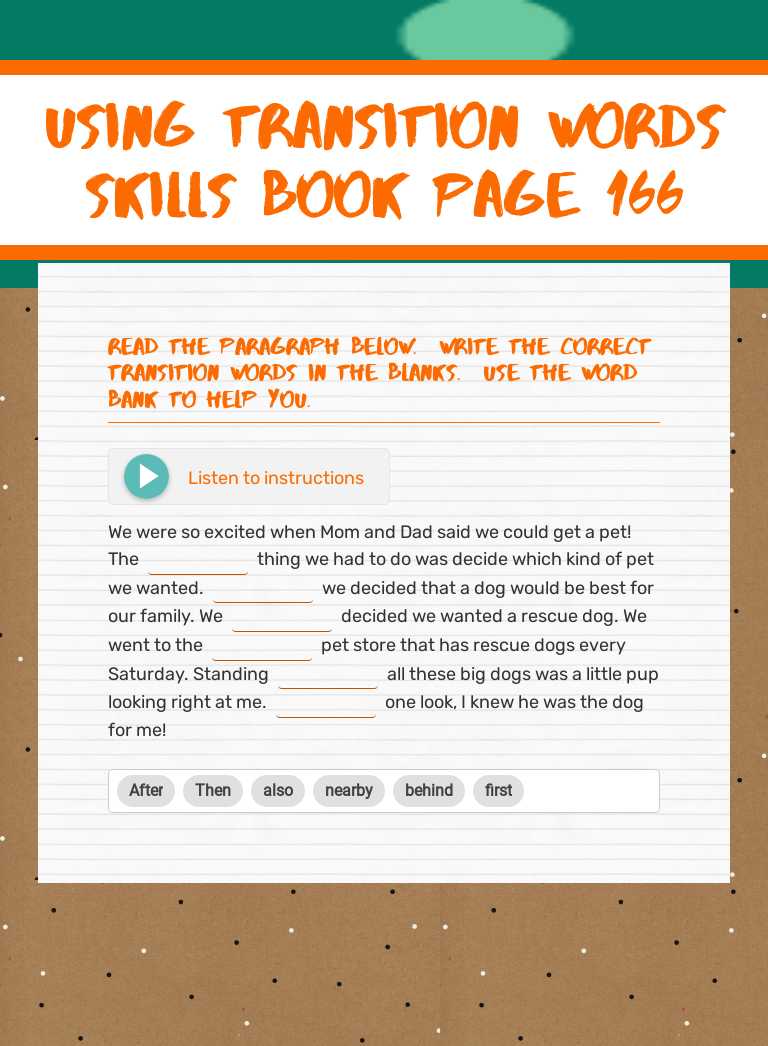 Using Transition Words
Skills Book page 166 worksheet preview image