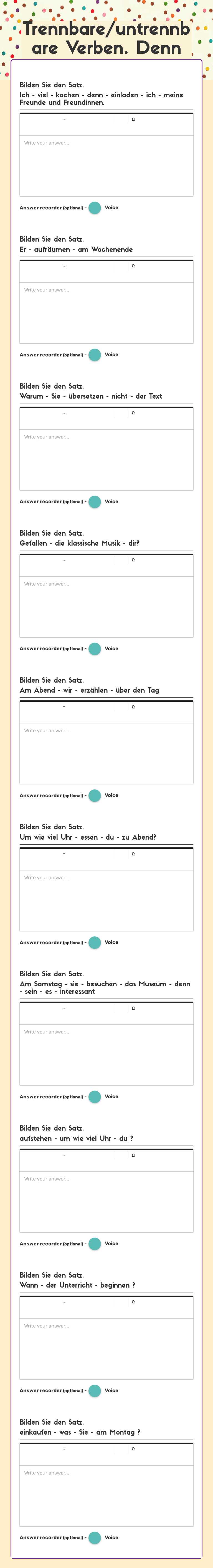 Trennbare/untrennbare Verben. Denn worksheet preview image