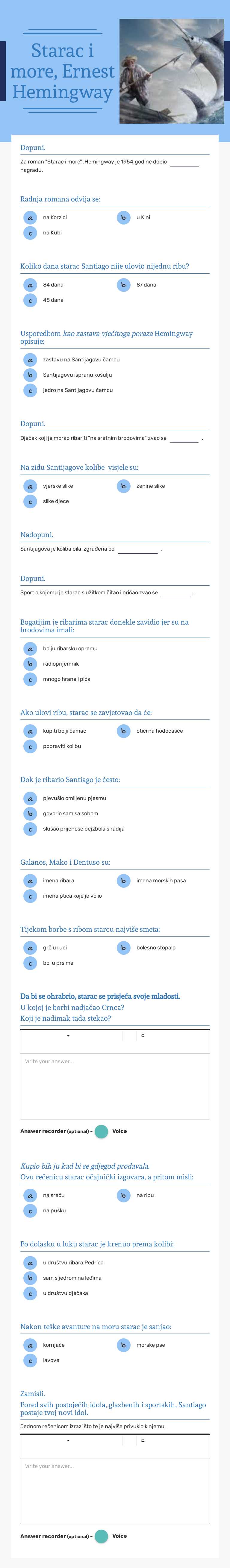 Starac i more, Ernest Hemingway worksheet preview