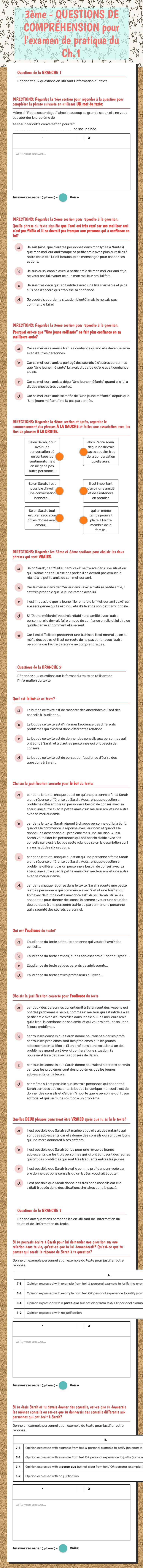 3ème - QUESTIONS DE COMPRÉHENSION pour l'examen de pratique du Ch.1 worksheet preview image