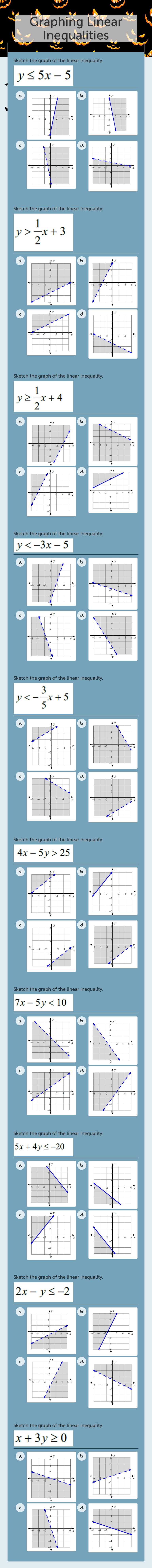 Graphing Linear Inequalities Grade 9 worksheet preview