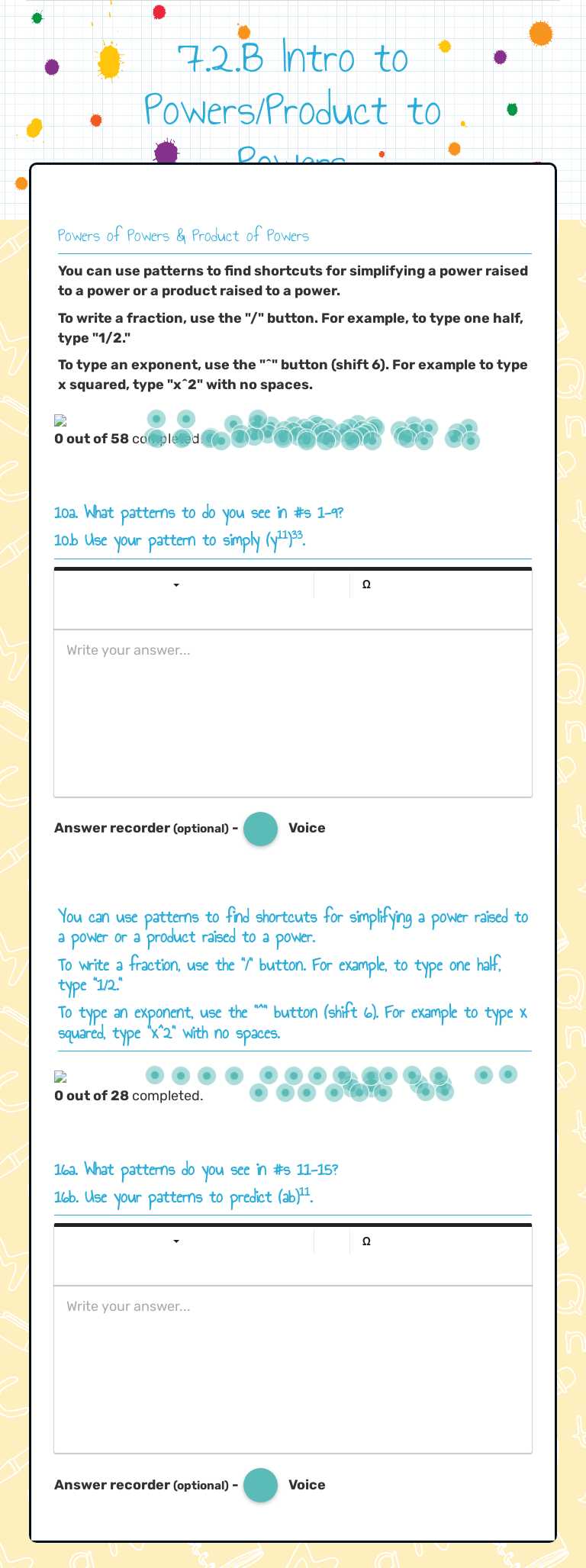 7.2.B Intro to Powers/Product to Powers worksheet preview image